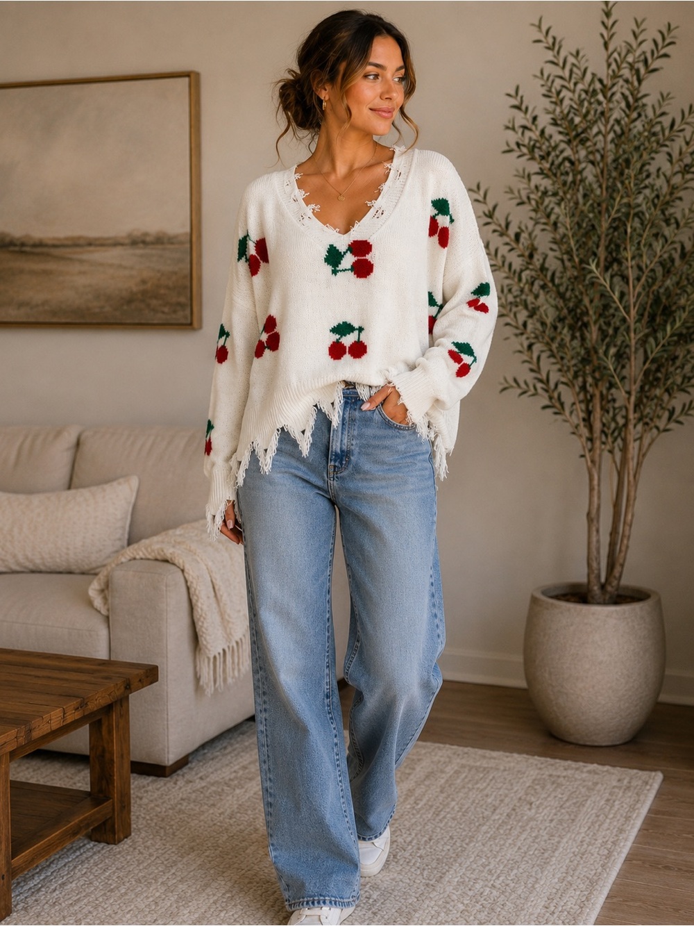 Just Polly NWT Cherry V-Neck Oversized Sweater with fringes